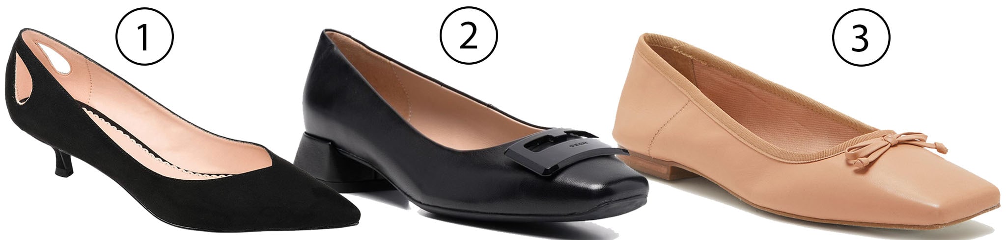1. Journee Collection Goldie Kitten Heel; 2. Geox Logo-Plaque 35mm Pump; 3. Vince Camuto Elanndo Square Toe Ballet Flat