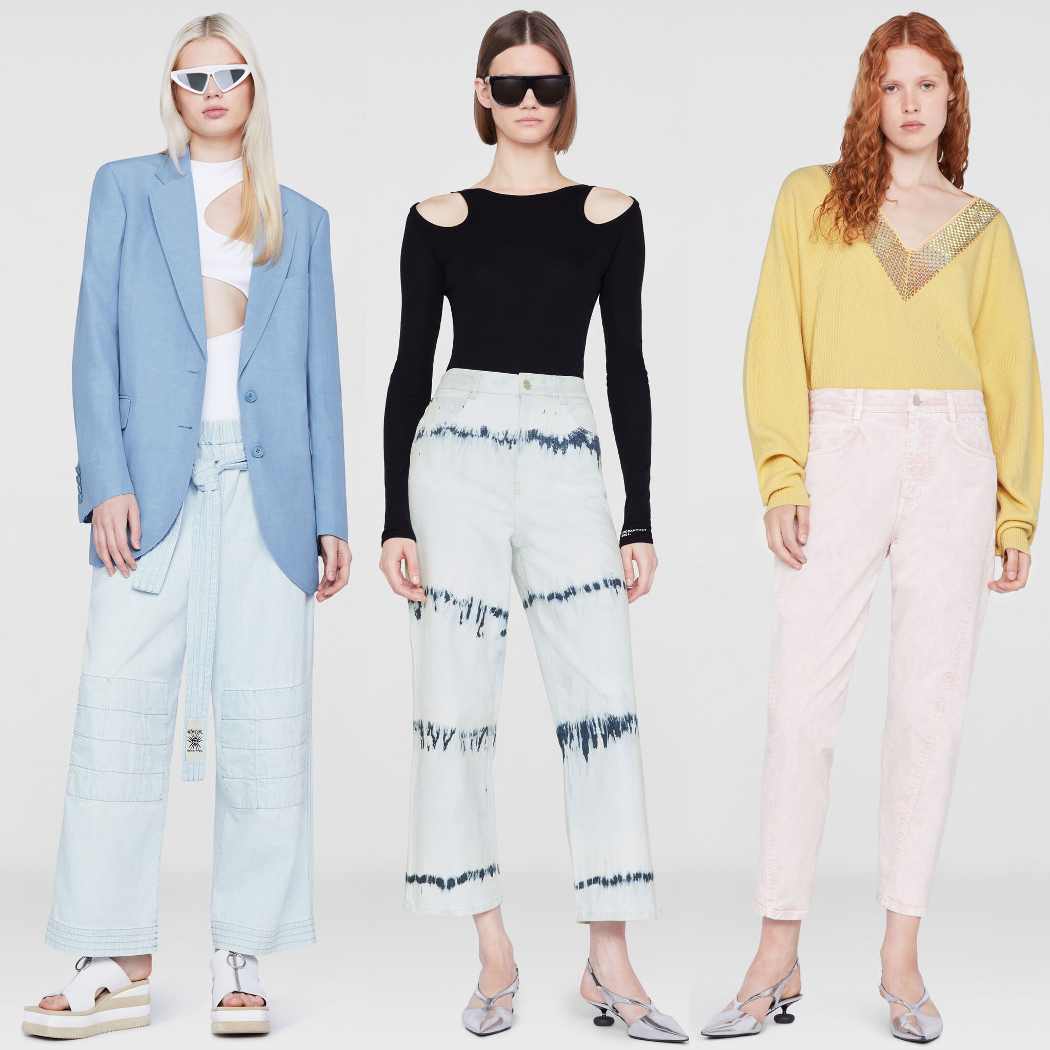 Light Blue Belted Cotton Denim Pants, $775; Multicolor Tie-Dye Denim Pants, $695; Pale Pink Twisted Seam Denim Pants, $625