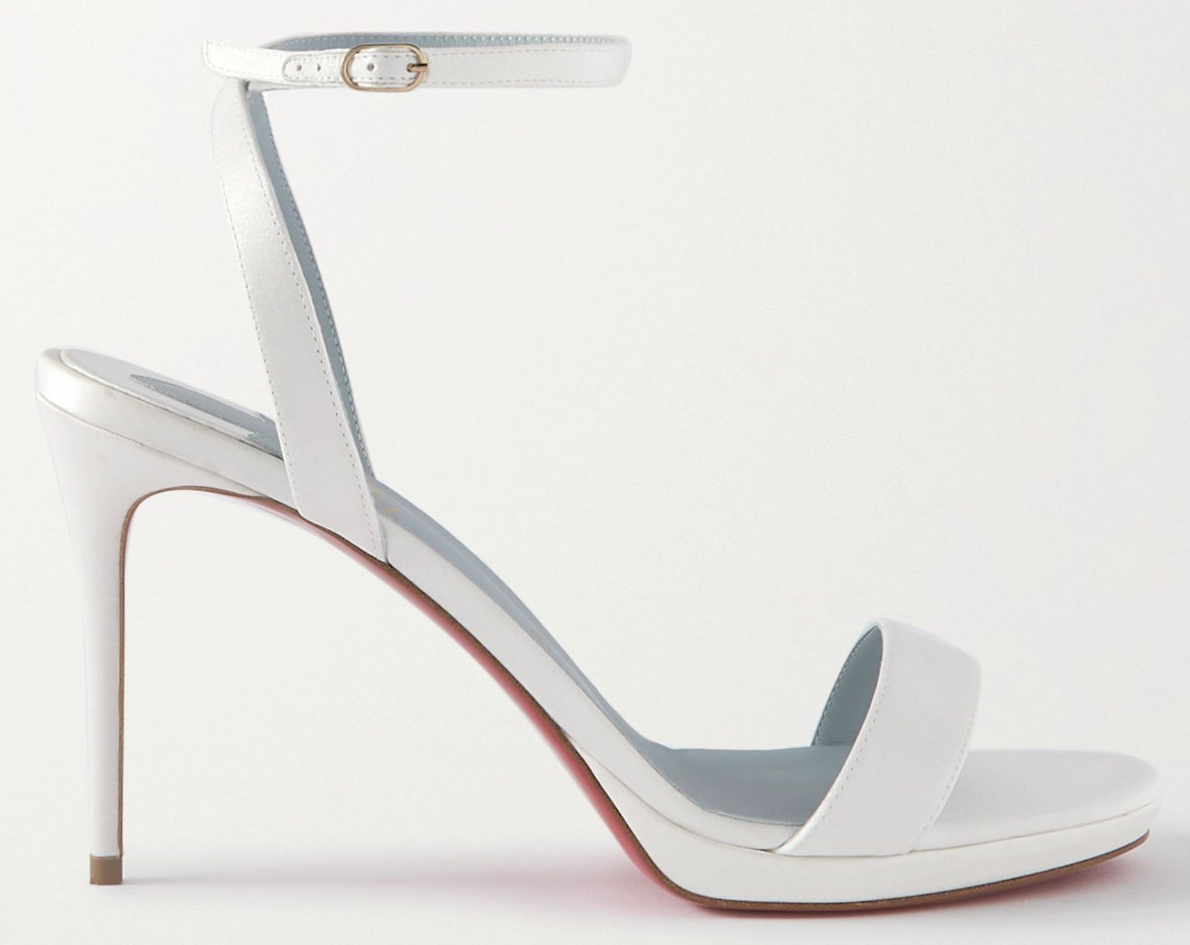 The Christian Louboutin “Loubi Queen” sandal features a sleek white satin finish with a minimalist two-strap design and a signature red sole