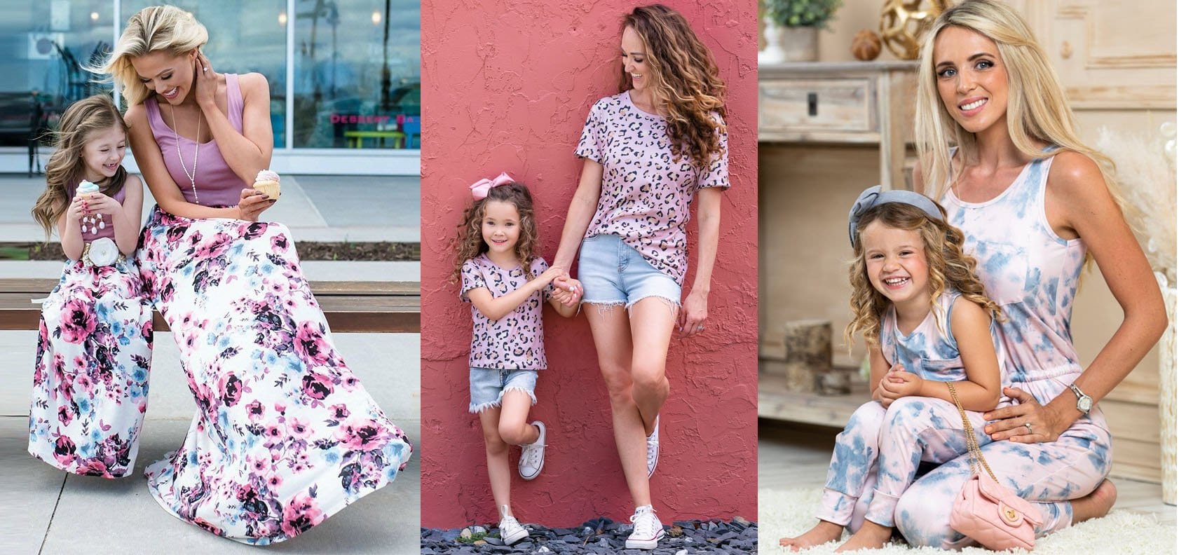 Mommy Me Little Bohemian Floral Dress; Mommy Me Hot Spot Crew Neck Top; Mommy Me Matchy-Matchy Tie Dye Jumpsuit