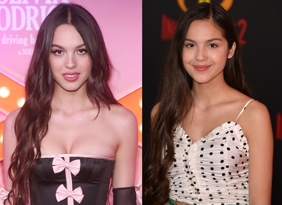 Olivia Rodrigo in 2022 (L) at the Driving Home 2 U premiere and in 2018 (R) at a red carpet event earlier in her career—showcasing her evolving style and growing presence in the spotlight