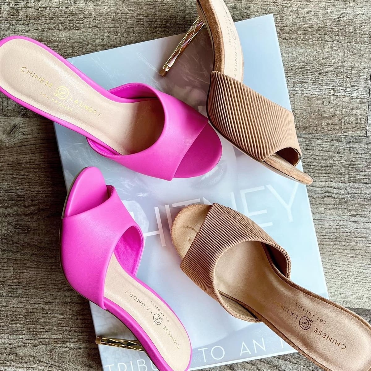 Chinese Laundry's popular Rhonda dress slide featuring a golden detailed heel