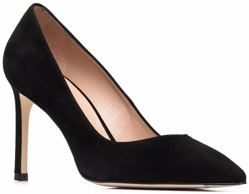A pair of classic black Anny pumps from Stuart Weitzman, made of suede with pointed toes and stiletto heels