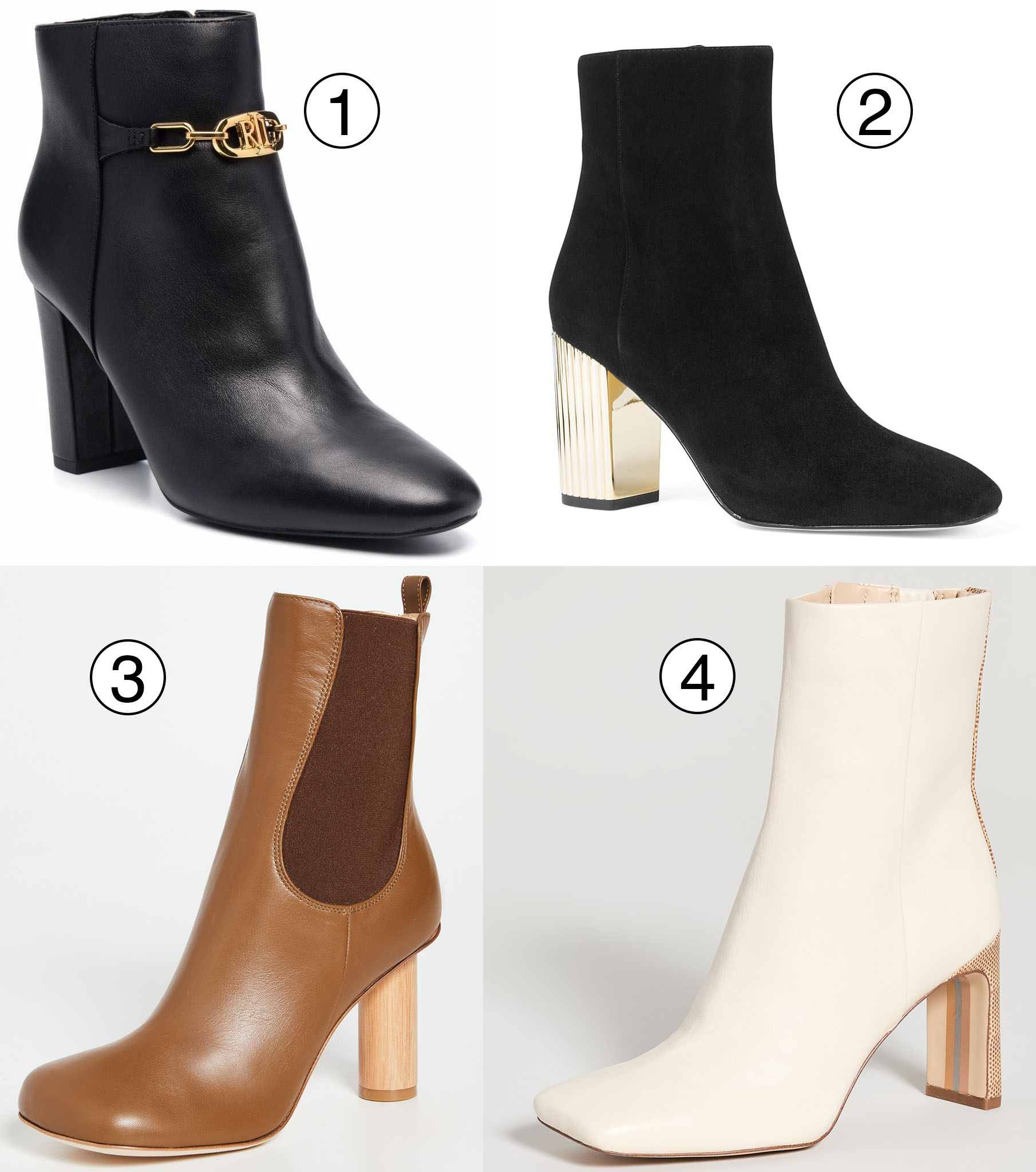 Lauren Ralph Lauren chain horsebit ankle boots (1), MICHAEL Michael Kors Porter suede boots (2), A.W.A.K.E Ariana boots (3), and Sam Edelman Anika boots (4) offer a chic selection of ankle boots perfect for elevating any outfit
