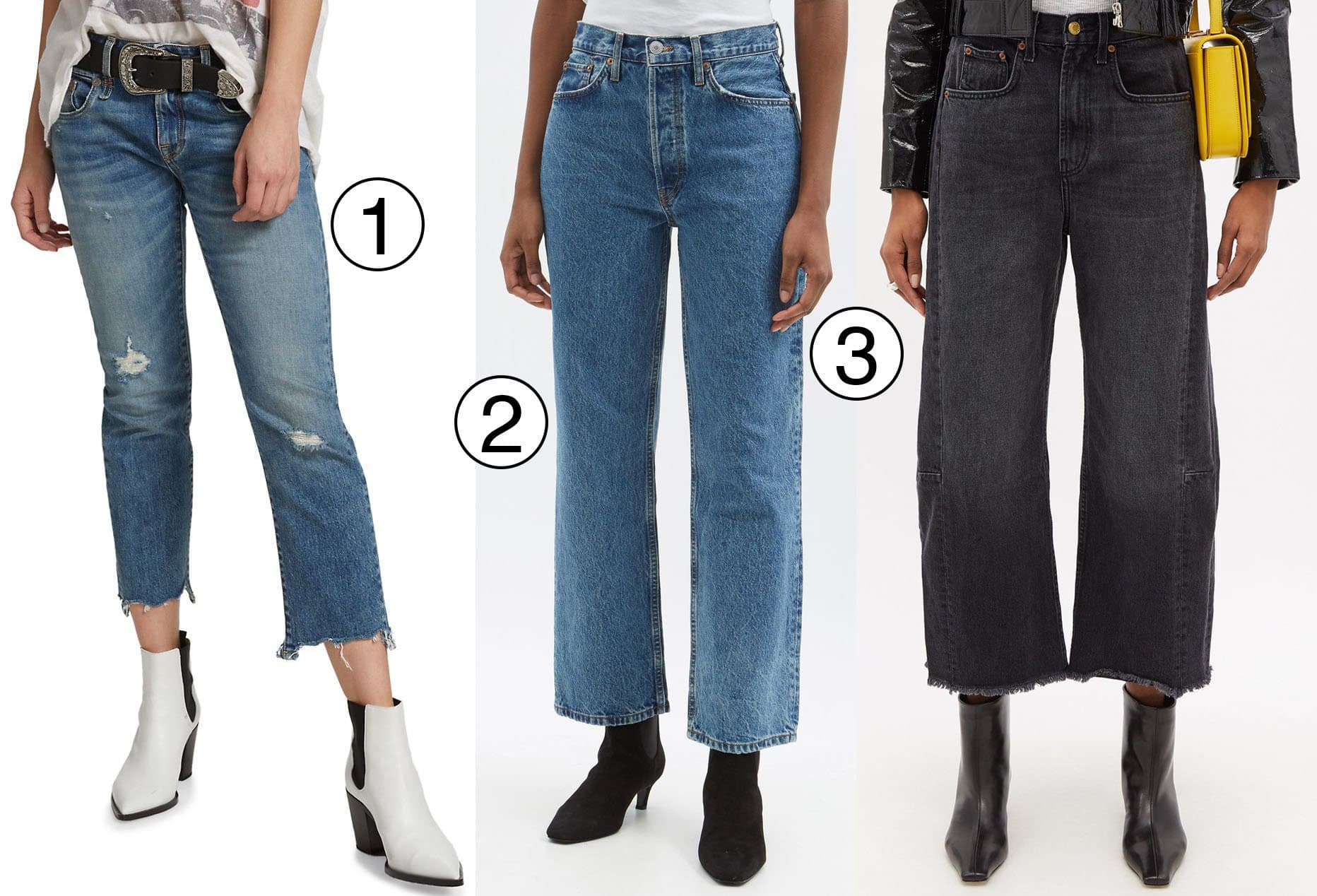 R13 Boy straight mid-rise distressed stretch crop jeans (1), RE/DONE 90s cropped straight-leg jeans (2), and B SIDES Lasso wide-leg cropped jeans (3) provide stylish cropped denim options for a chic, casual look