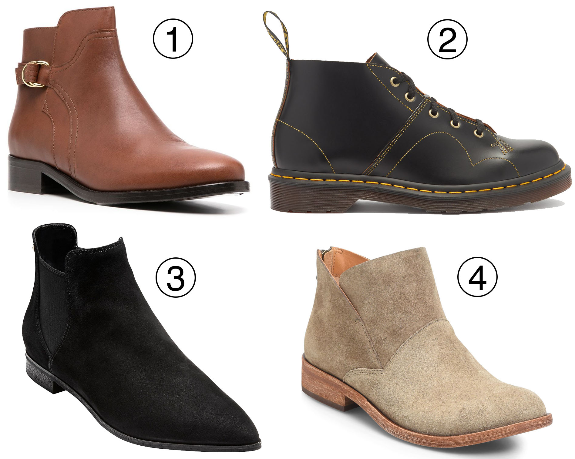 Tila March Chelsea ankle boots (1), Dr. Martens Church leather Monkey boots (2), Cole Haan Harlyn suede ankle boots (3), and Kork-Ease Ryder ankle boots (4) showcase a stylish range of versatile ankle boot designs for any season