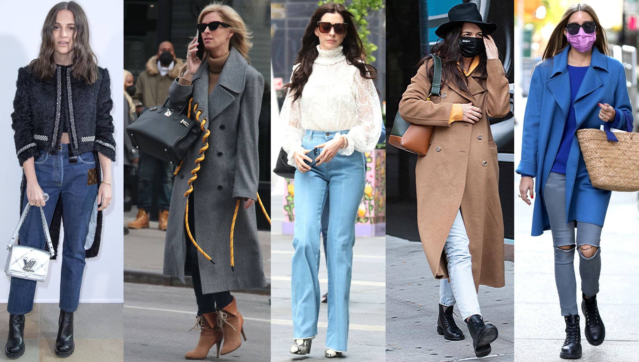 Alicia Vikander, Nicky Hilton, Anne Hathaway, Katie Holmes, and Olivia Palermo demonstrate how to style ankle boots with jeans for different occasions