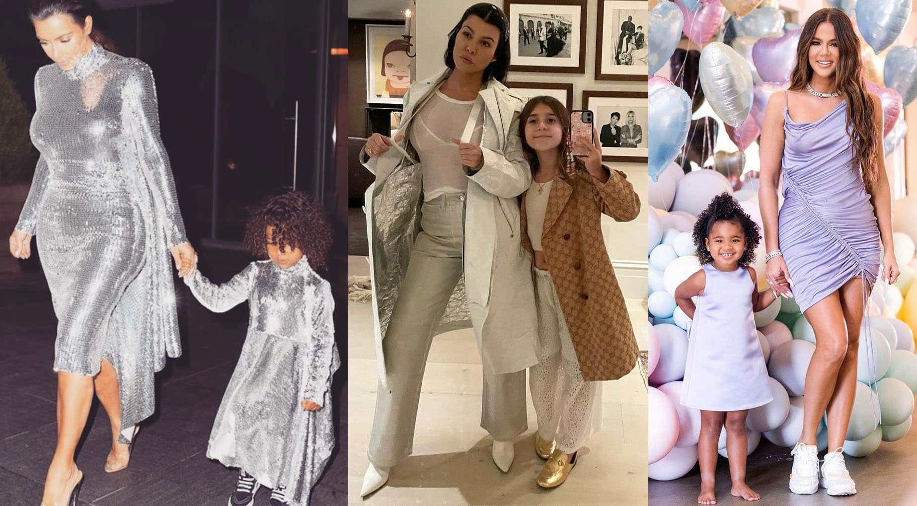 Kim, Kourtney, and Khloé Kardashian matching outfits with their mini-me North, Penelope, and True