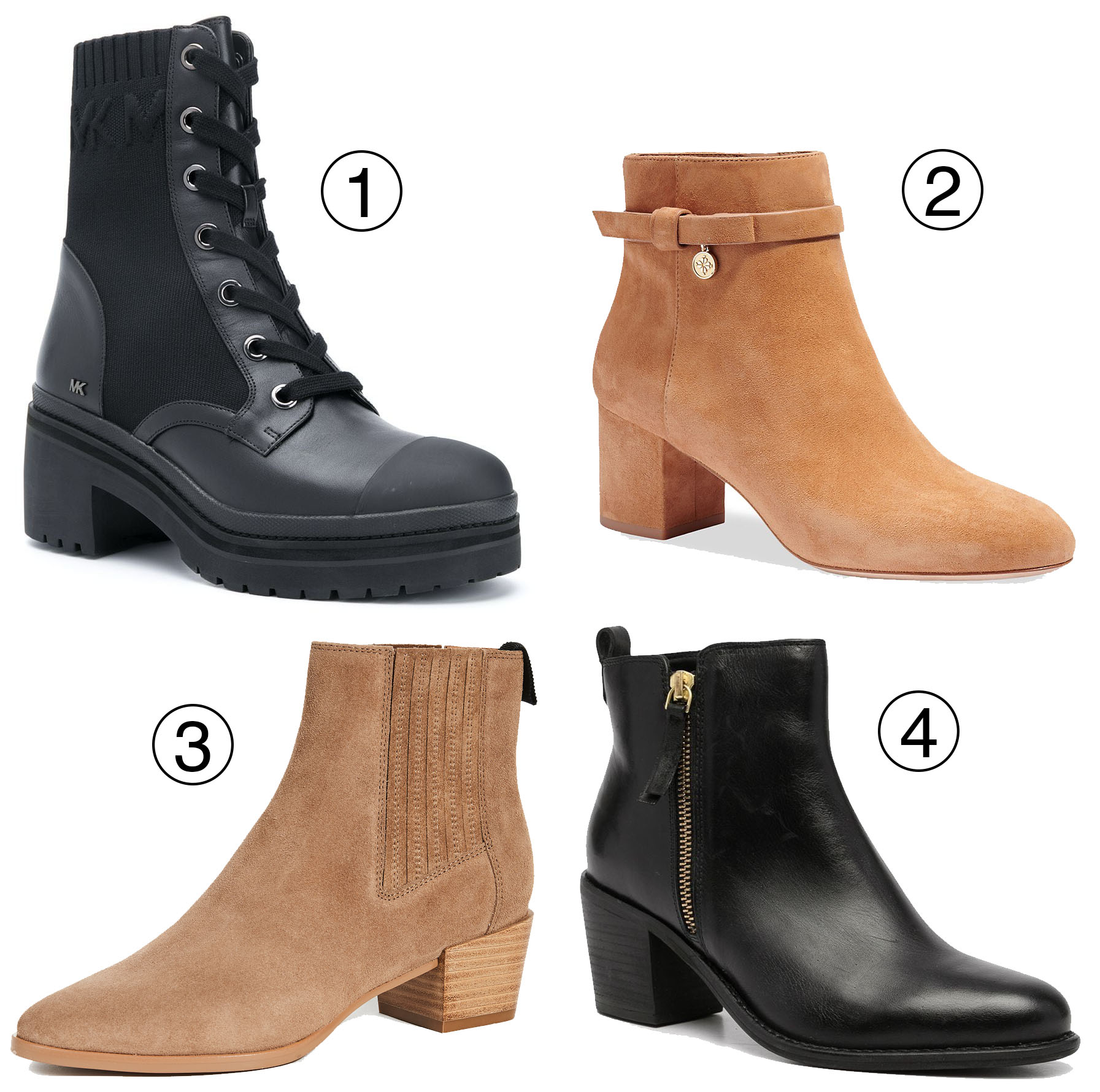 MICHAEL Michael Kors knitted-panel ankle boots (1), Kate Spade New York Delina suede ankle boots (2), Rag Bone Rover booties (3), and Carvela Secil ankle boots (4) offer a sleek range of versatile and stylish ankle boot options