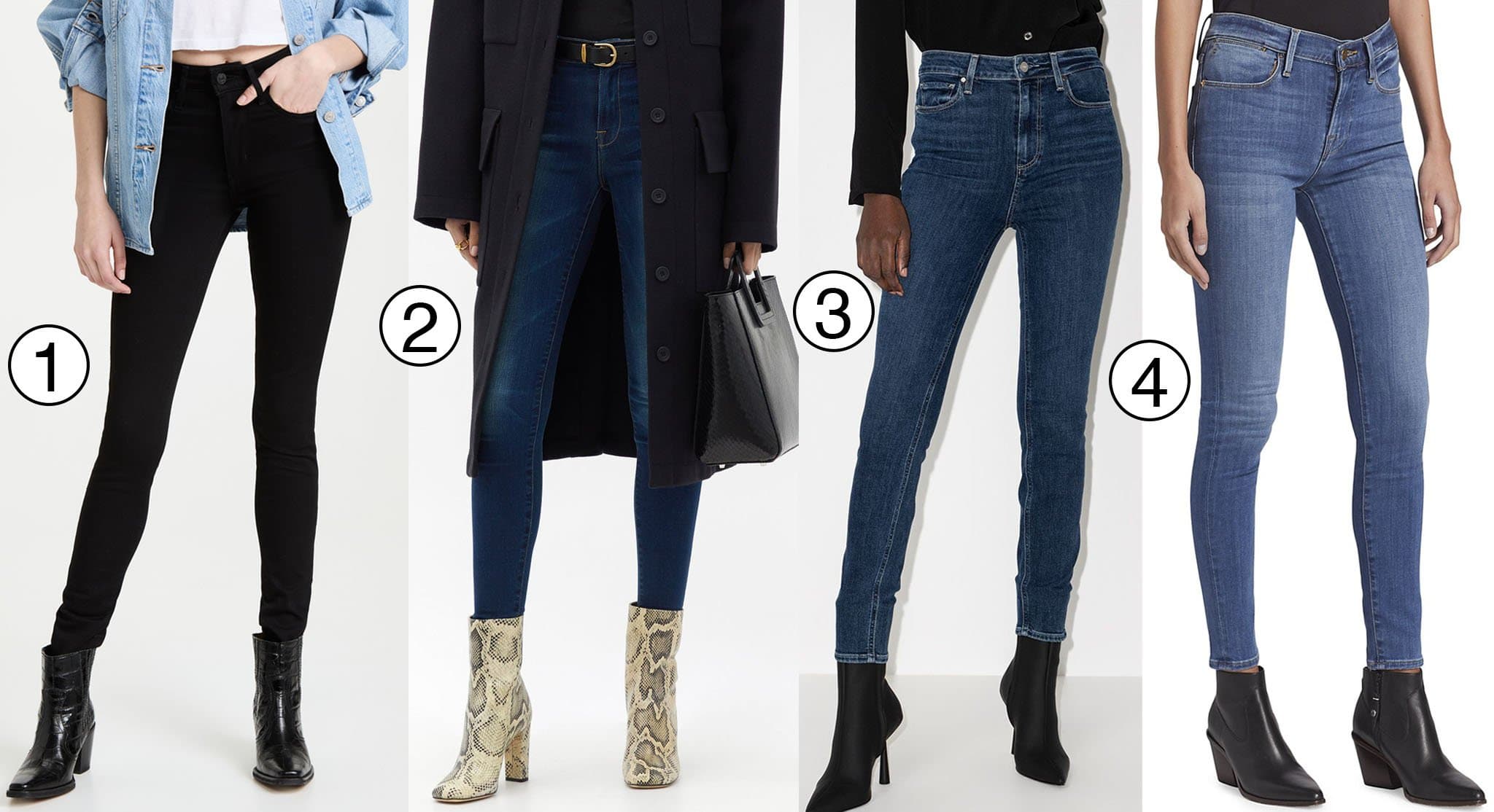 Levi's high-rise skinny jeans (1), Frame Le High high-rise skinny-leg jeans (2), Paige Margot cropped skinny jeans (3), and Frame Le High skinny jeans (4) offer a versatile selection of flattering denim styles