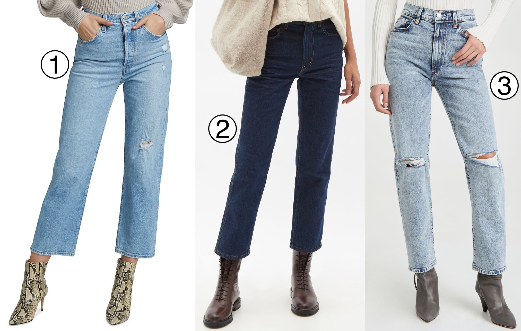 Levi's Ribcage straight ankle jeans (1), B SIDES Louis straight-leg jeans (2), and Le Jean relaxed straight jeans (3) provide timeless straight-leg denim options for a stylish and comfortable look