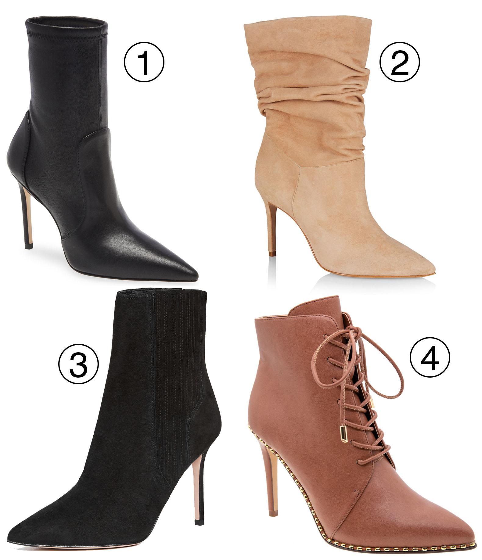 Stuart Weitzman Stuart 100 ankle boots (1), Schutz Ashlee slouch high-heel boots (2), Veronica Beard Lisa Prem Lea booties (3), and BCBGeneration Haxah ankle bootie (4) bring stylish high-heeled options to elevate any wardrobe