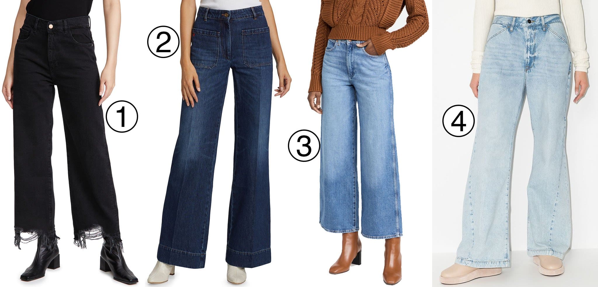 DL1961 Hepburn high-rise wide-leg jeans (1), Victoria Beckham Alina wide-leg jeans (2), Wrangler Heritage World Wide high-rise wide-leg jeans (3), and Frame Le Baggy wide-leg jeans (4) offer trendy wide-leg denim options for a bold, fashion-forward look