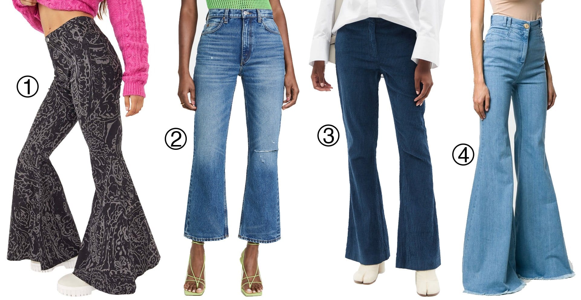 Embrace the retro flared jeans trend: 1. Free People Just Float On Geo Flare Jeans, 2. RE/DONE '70s Loose Flare Jeans, 3. Acne Studios Cotton-blend Corduroy Flared-leg Trousers, 4. Balmain Flared Jeans