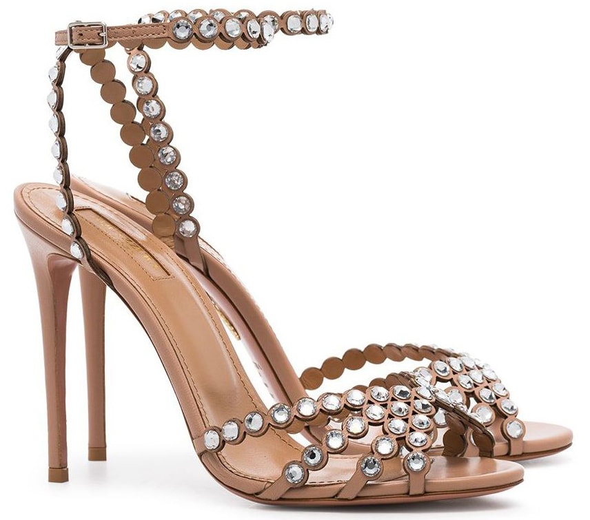 The Tequila nude leather sandals are embellished with crystals and are set atop a 5-inch heel