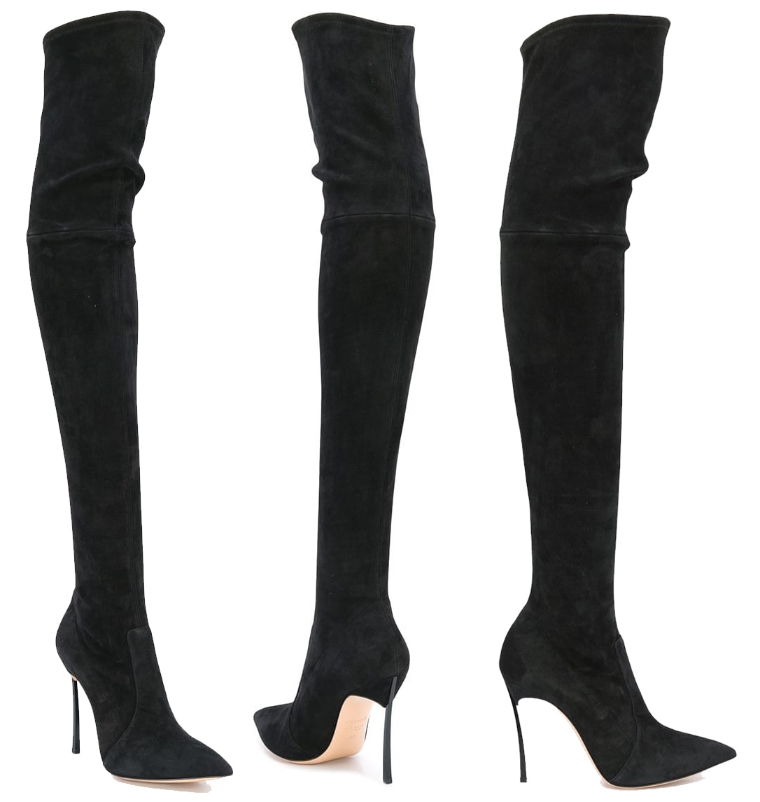 A sultry pair of slip-on Casadei over-the-knee boots made of suede, finished with the brand's signature Blade stiletto heels