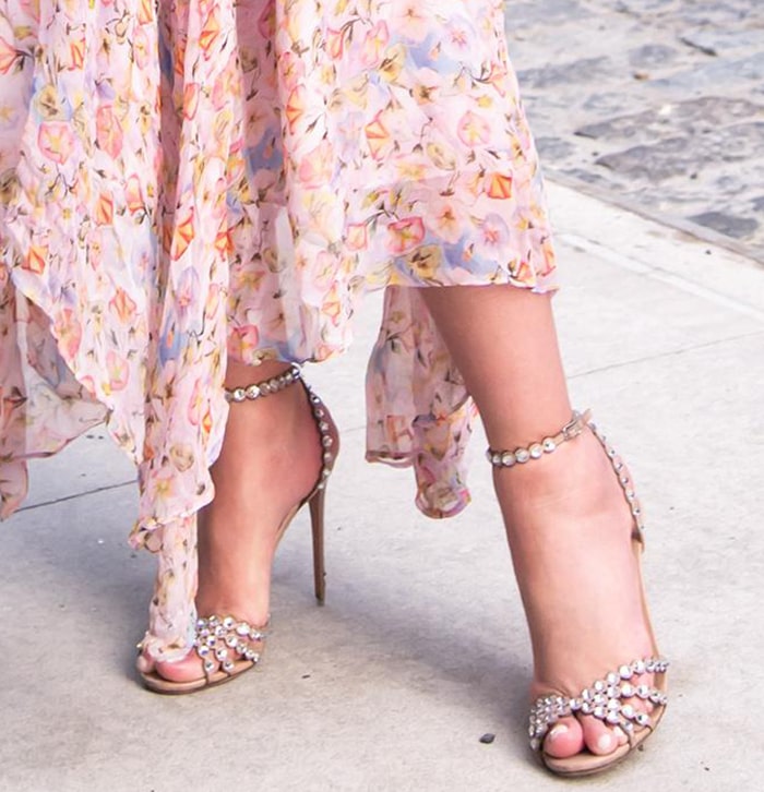 Nicky Hilton slips her swollen pregnancy feet into Aquazzura's Tequila crystal heels