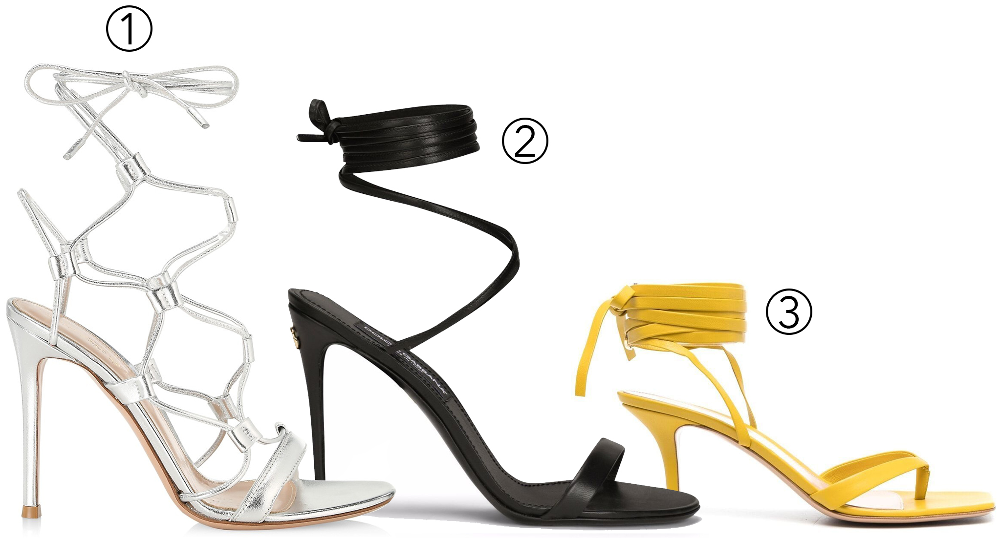 Elegance Wrapped Up: 1. Gianvito Rossi's Giza Nappa sophistication; 2. Ribbon Gladiator's delicate balance; 3. Dolce Gabbana's stiletto statement