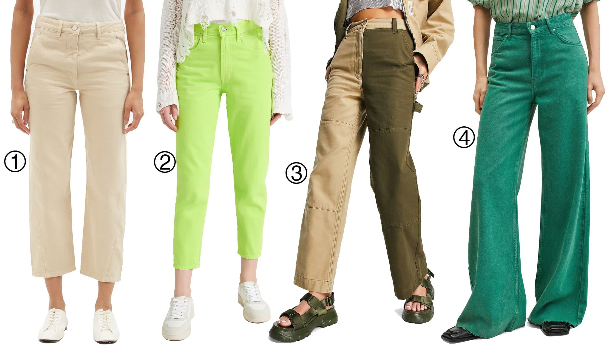 Make a bold statement with colored jeans: 1. Lemaire High-rise Garment-dyed Cropped Jeans, 2. Edwin Anderson Ankle Jeans, 3. Topshop Color Splice Cotton Twill Flare Pants, 4. Mango Color Wash Wide Leg Jeans