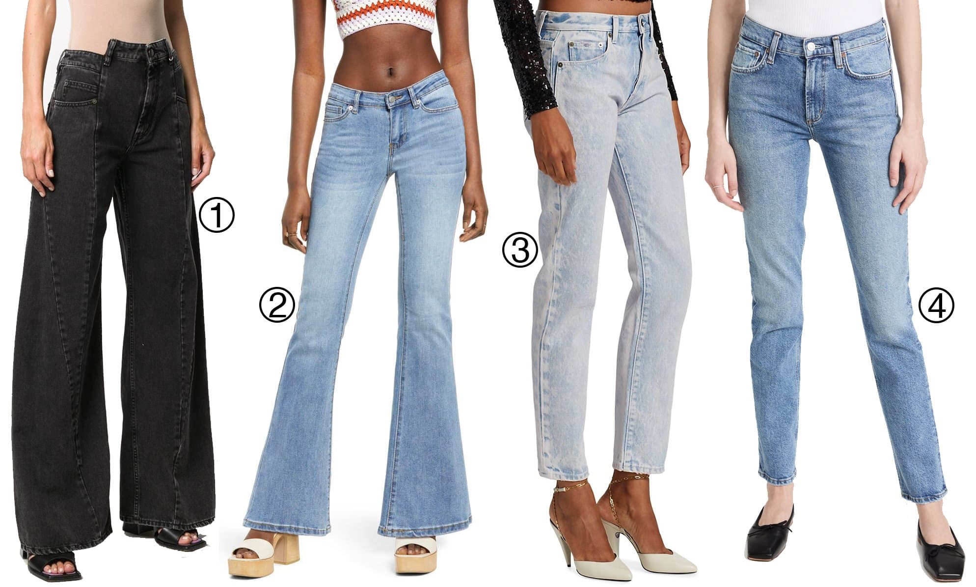 Low-rise jeans are back in style: 1. Maison Margiela Décortiqué Wide-leg Jeans, 2. BP. Low Rise Flare Jeans, 3. Saint Laurent New Low-Rise Jeans, 4. Agolde Lyle: Low Rise Slim Jeans