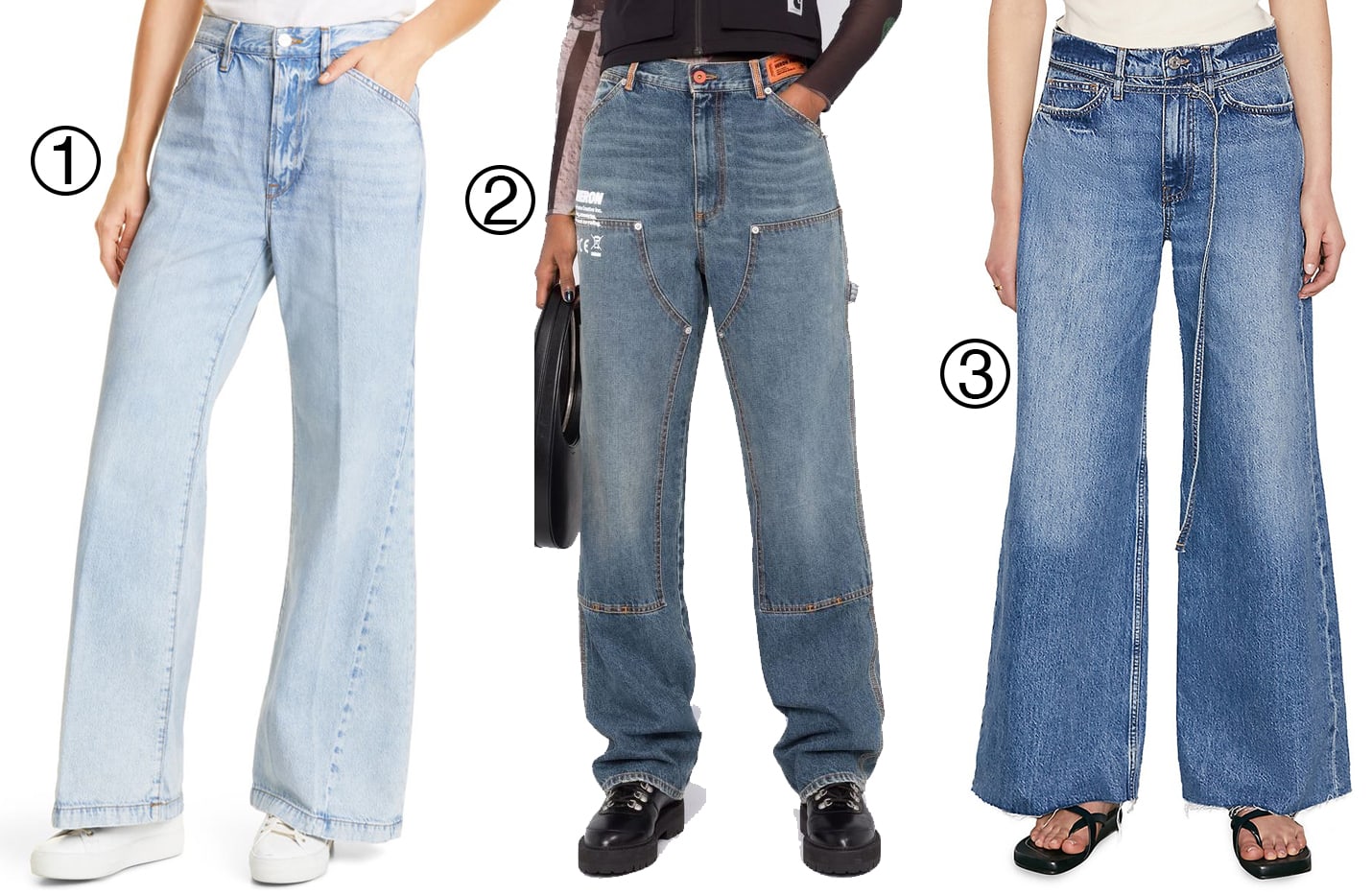 Explore top oversized ‘90s jeans: 1. Frame Le Baggy High Waist Wide Leg Jeans, 2. Heron Preston Code 8000 Baggy Jeans, 3. Frame High-Rise Baggy Jeans
