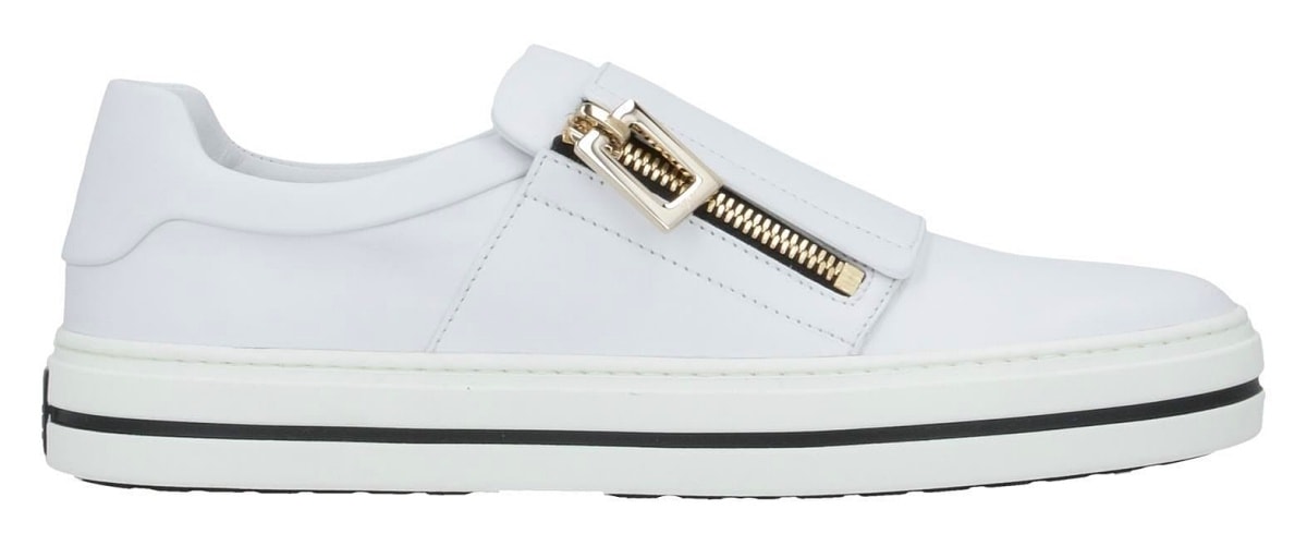 These Roger Vivier “Sneaky Viv” sneakers feature smooth white leather, round toes, and gold-tone side zips