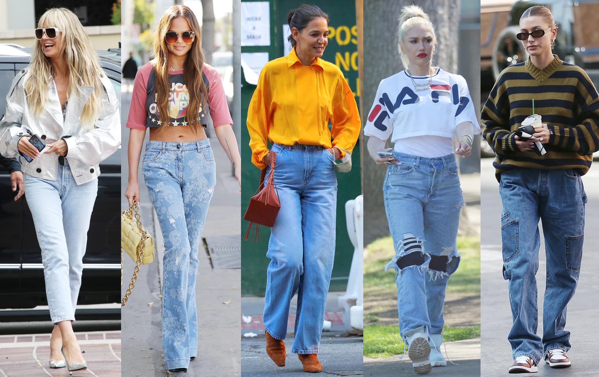 Celebrities like Heidi Klum, Chrissy Teigen, Katie Holmes, Gwen Stefani, and Hailey Bieber showcase trending denim styles