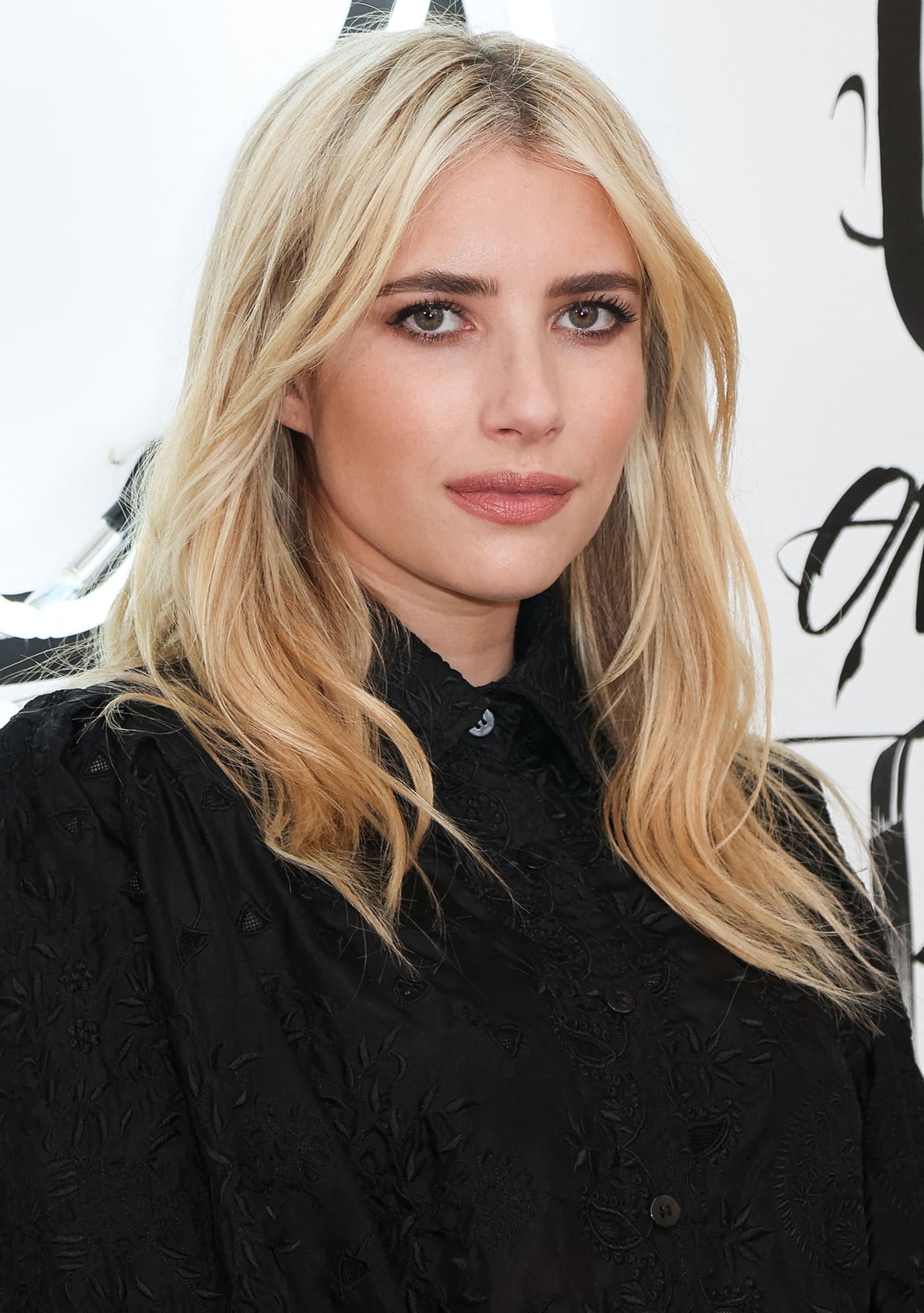 Emma Roberts accentuates her features with eyeliner, mascara, and pink lipstick