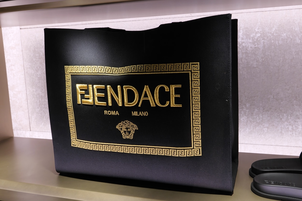 Fendi and Versace join forces in the bold, gold-accented Fendace collaboration, merging both houses’ iconic motifs into one statement-making collection