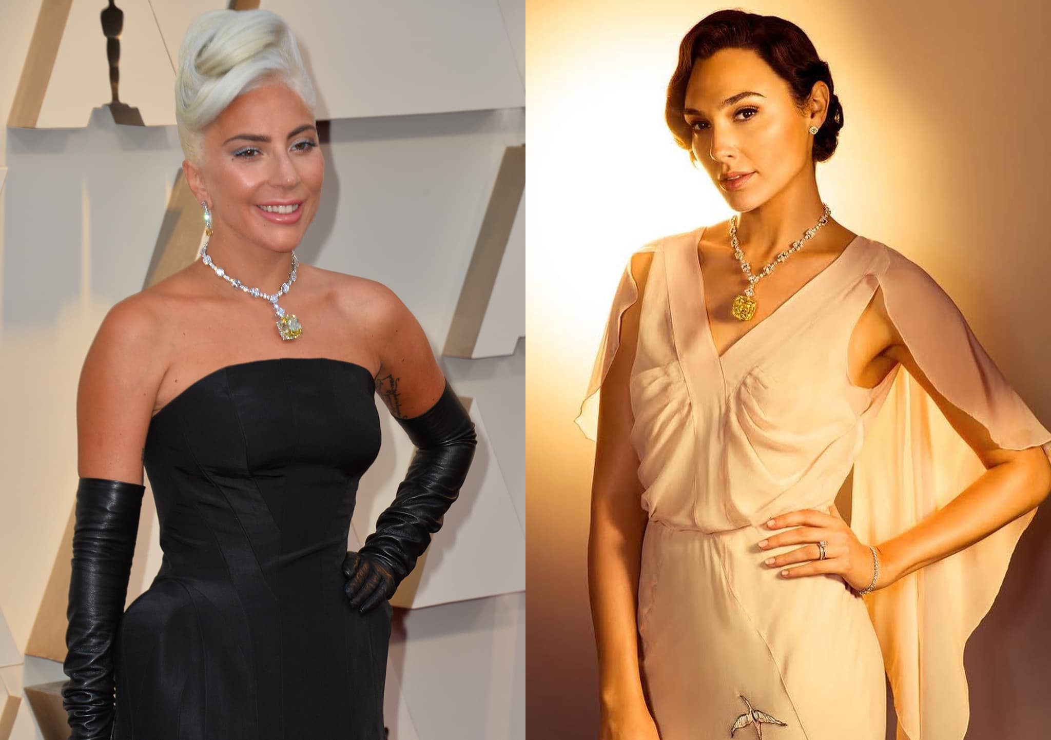 Lady Gaga and Gal Gadot wearing the iconic Tiffany Co. 128.54-carat Tiffany Diamond necklace