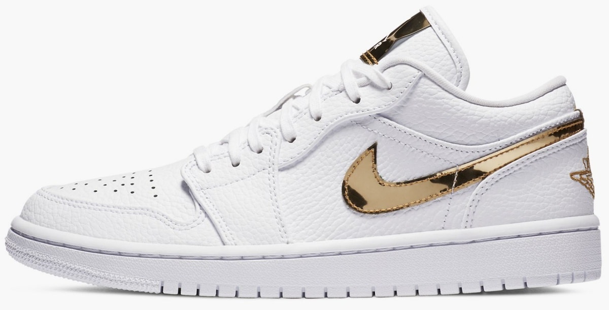 Crafted from tumbled white leather with eye-catching metallic gold accents, the Air Jordan 1 Low blends streetwear edge with luxe appeal—perfect for elevating casual and sporty-chic outfits