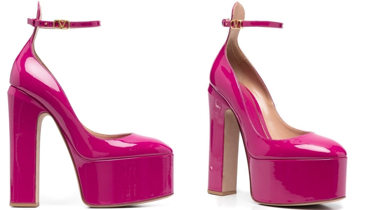 Pink Tan-Go 155mm platform pumps with a 155mm block heel and an ankle strap with an adjustable VLogo Signature buckle fastening