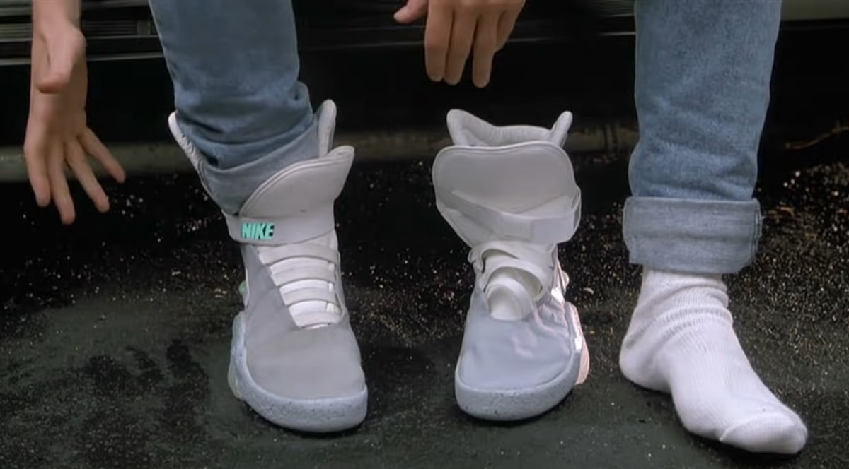 Marty McFly slips on futuristic, self-lacing Nike Mag sneakers in Back to the Future Part II (1989), igniting decades of sneakerhead obsession and sci-fi fashion dreams