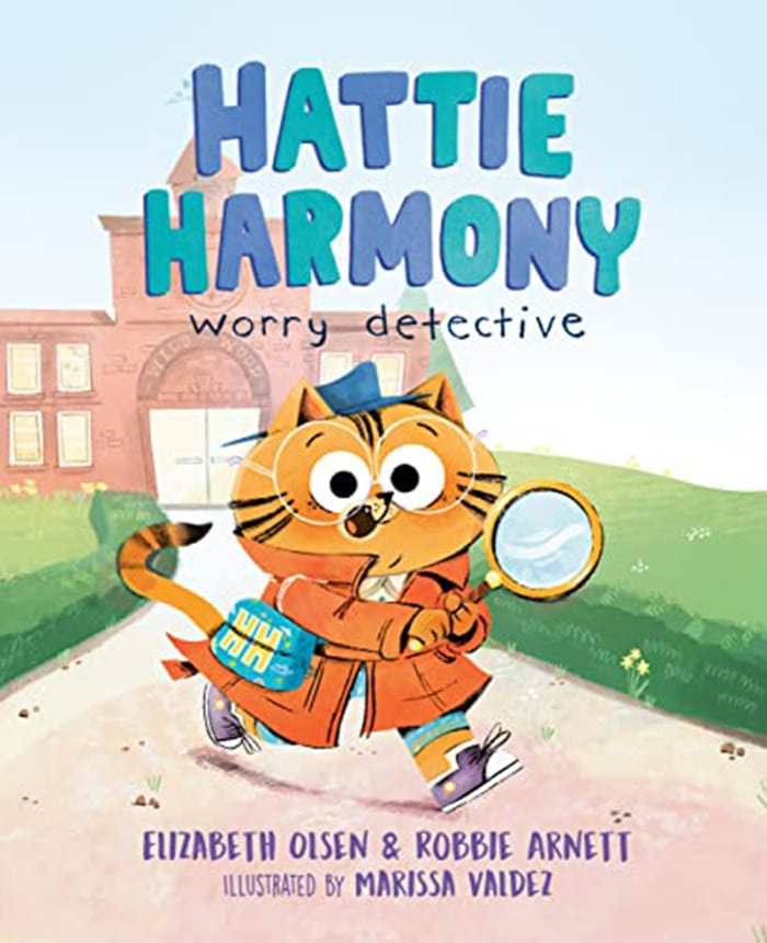 Cover art for Hattie Harmony: Worry Detective, the illustrated children’s book co-authored by Elizabeth Olsen and Robbie Arnett, featuring artwork by Marissa Valdez