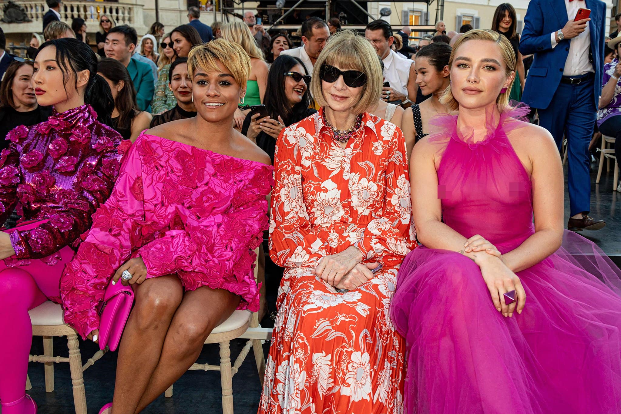 Ariana DeBose, Anna Wintour, and Florence Pugh sat front row at Valentino’s Fall/Winter 2022 Haute Couture show in Rome, marking one of the most talked-about Pink PP moments of Rome Fashion Week
