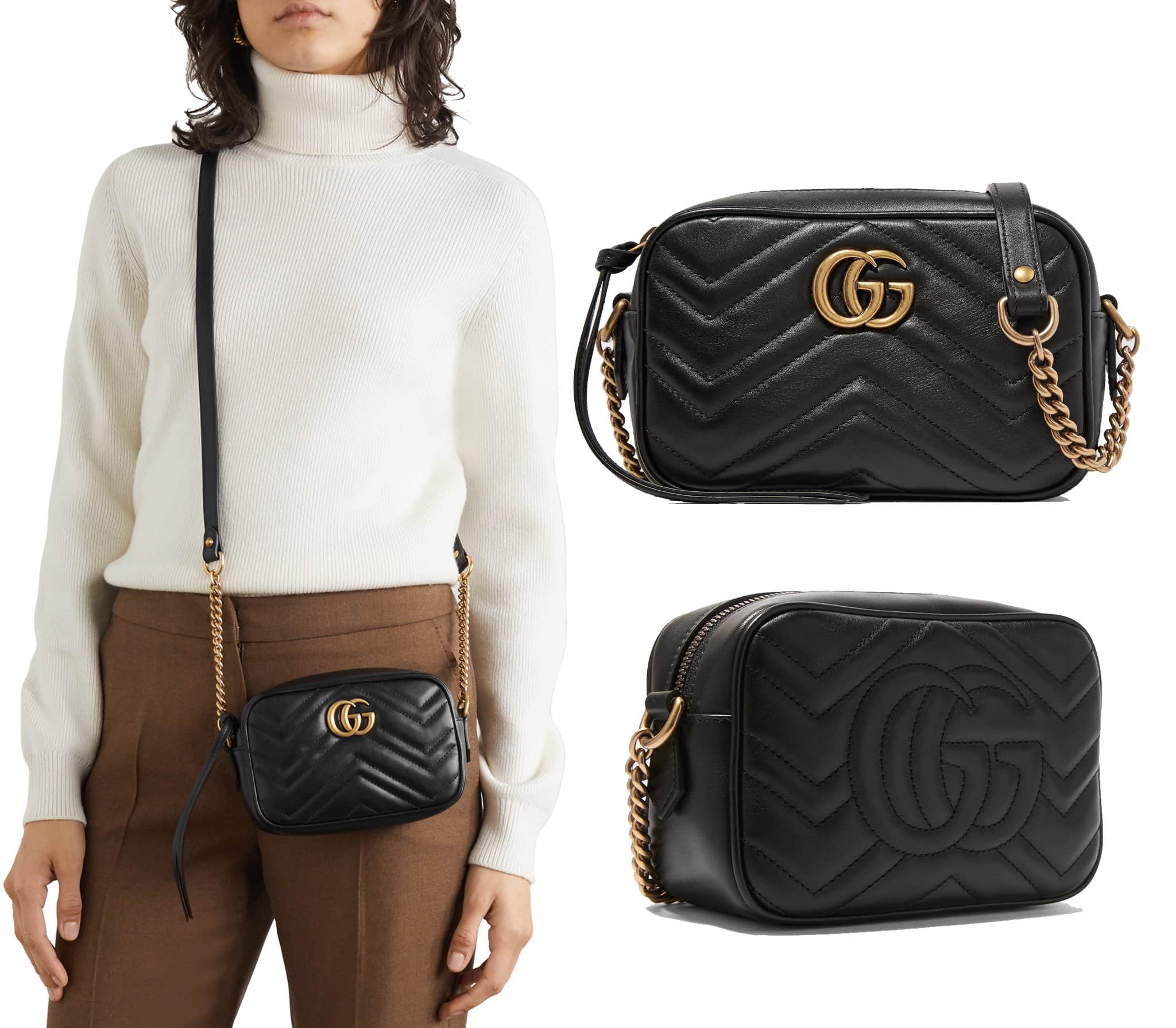 The Gucci Marmont camera bag has a compact profile decorated with burnished gold hardware that references an archival plaque from the '70s