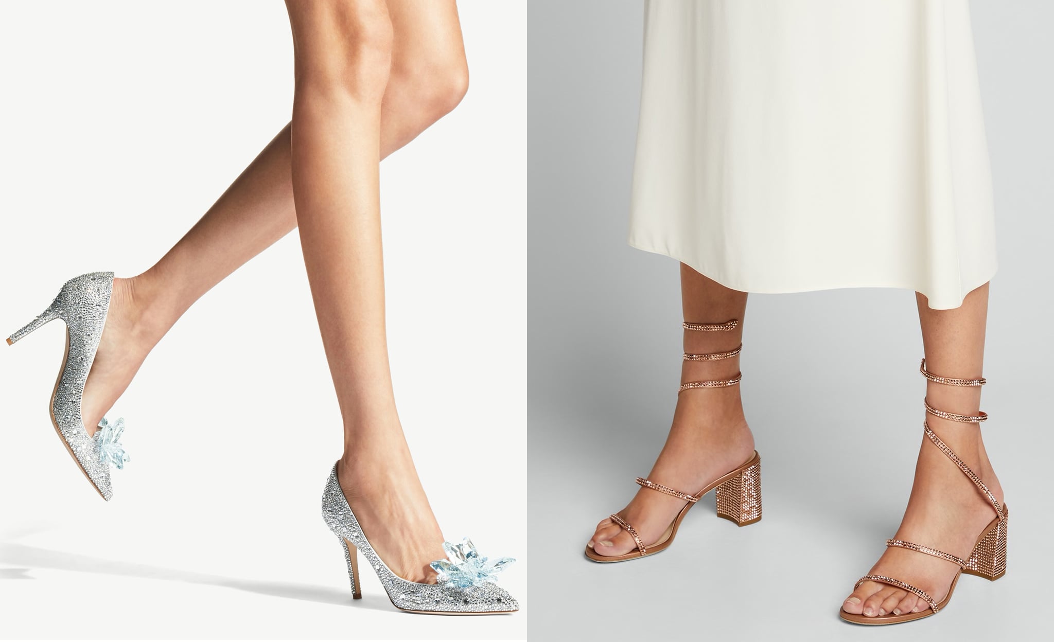 Jimmy Choo Alia crystal pumps and Rene Caovilla Cleo crystal sandals offer luxurious sparkle, making them perfect statement shoes for special occasions or glamorous events