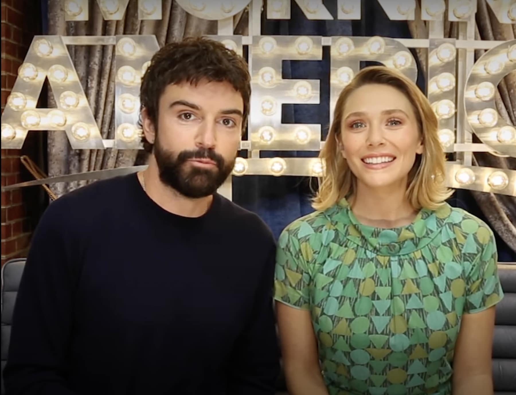 Elizabeth Olsen and Robbie Arnett appear together on Good Morning America, where they discussed their debut children’s book Hattie Harmony: Worry Detective