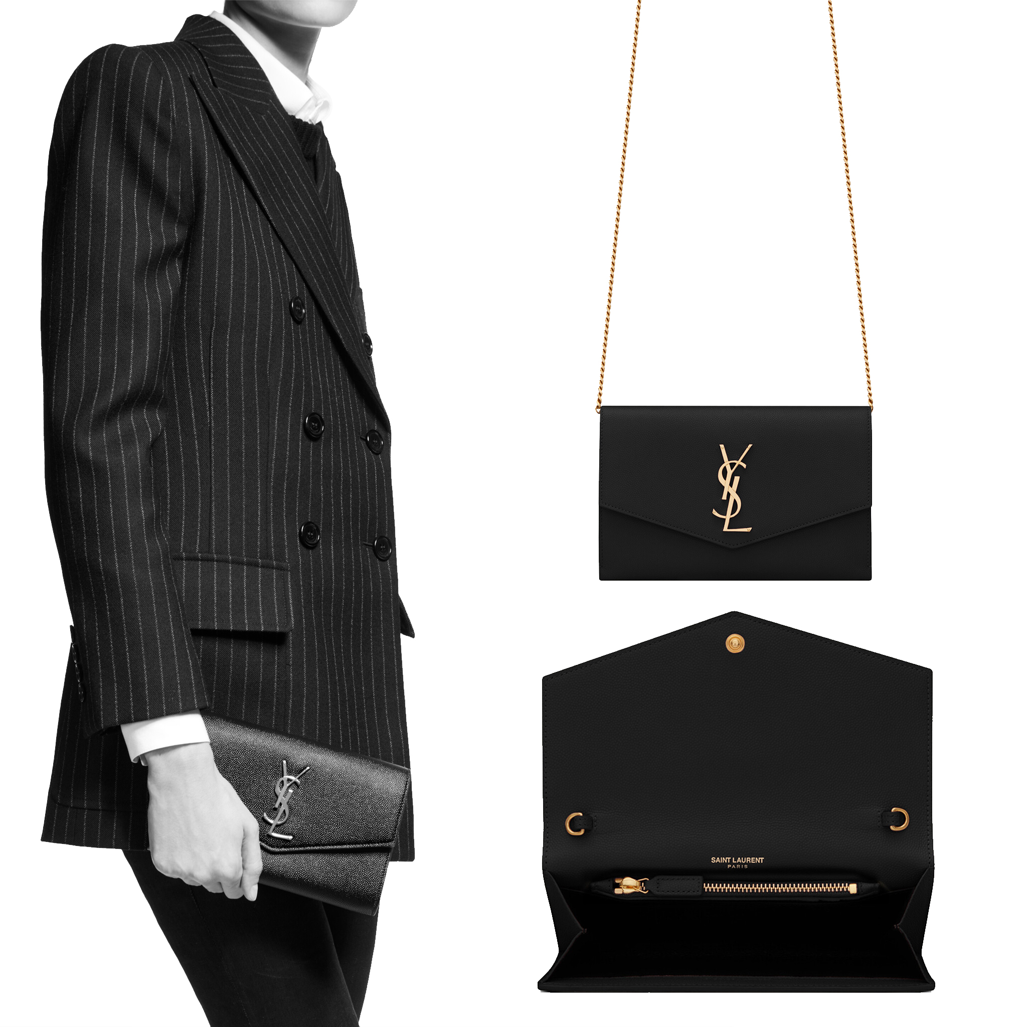 A wallet-on-chain bag, the Uptown is a mini envelop bag with YSL initials and a removable chain shoulder strap