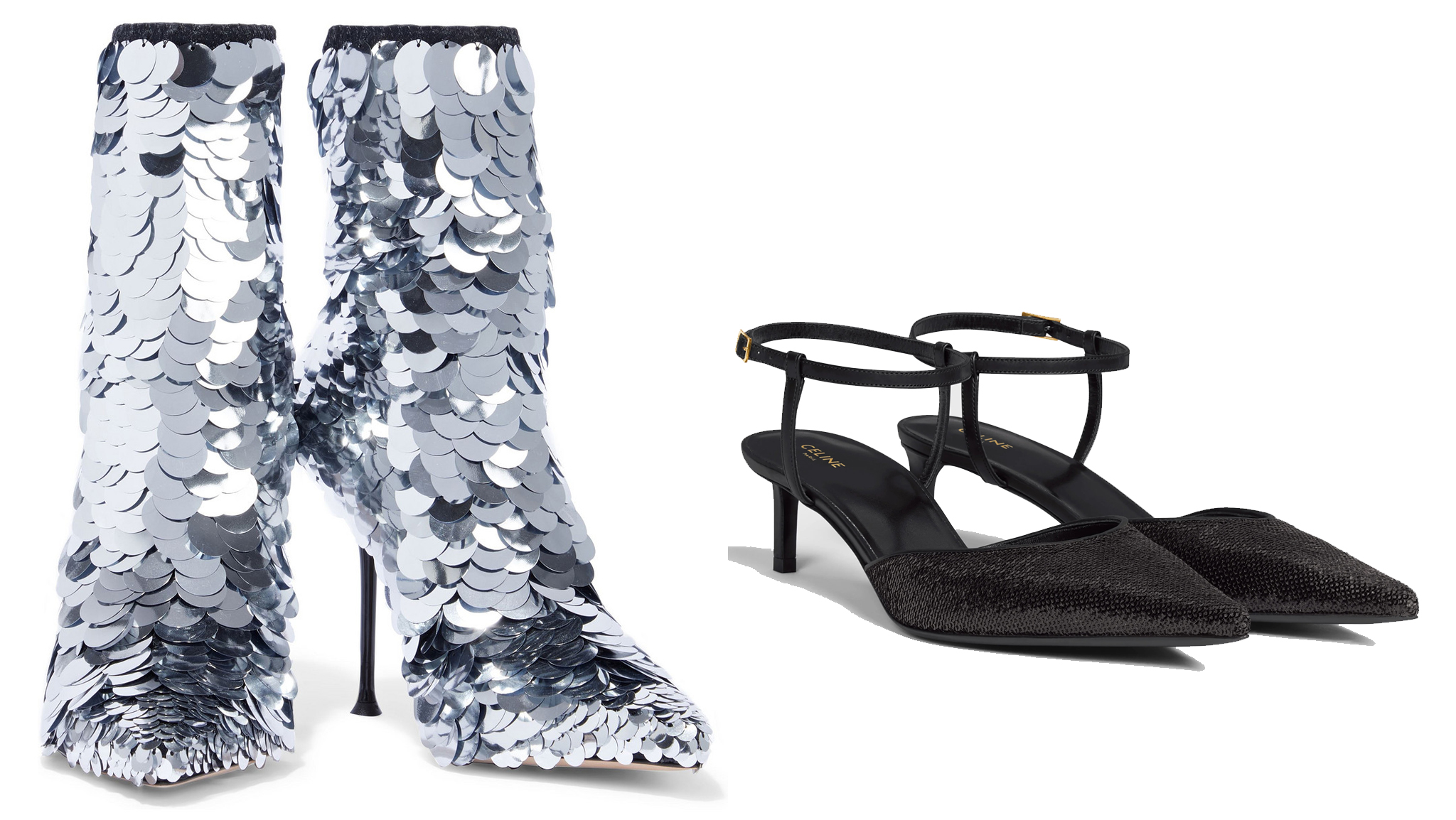 Sergio Rossi sequined ankle boots and Celine kitten heels in sequins offer standout options for adding bold or subtle sparkle to any outfit
