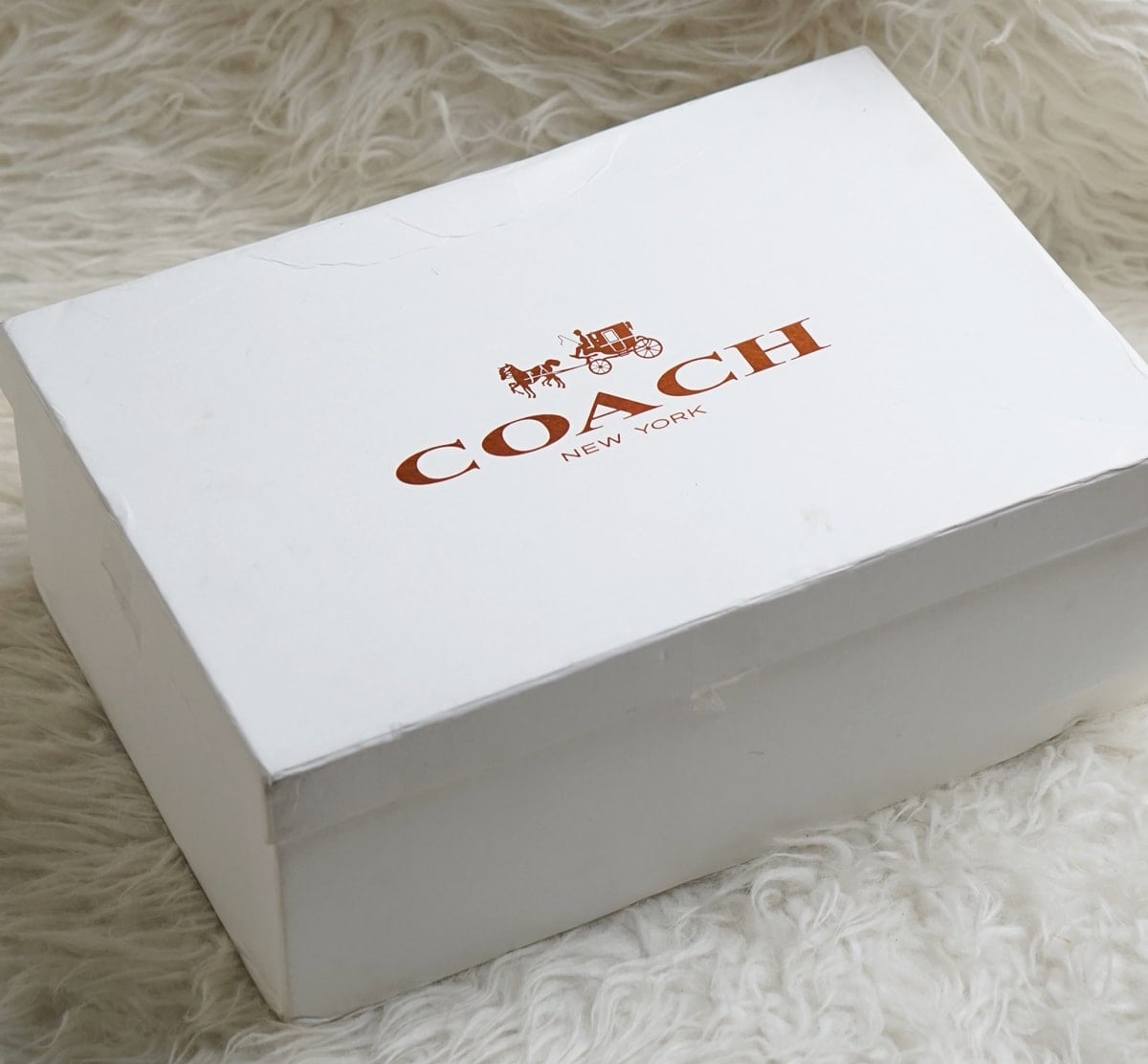 A genuine Coach New York box with the iconic horse-and-carriage logo — authentic Coach items are always packaged with careful branding and clean, minimal presentation