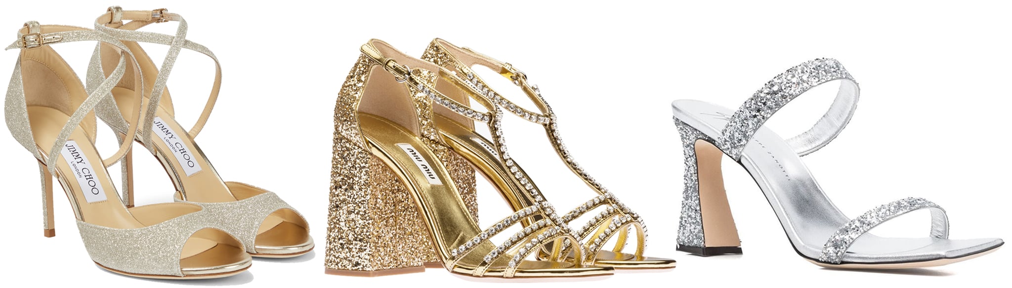 Jimmy Choo, Miu Miu, and Giuseppe Zanotti glitter sandals showcase glamorous designs perfect for adding a festive sparkle to any formal outfit
