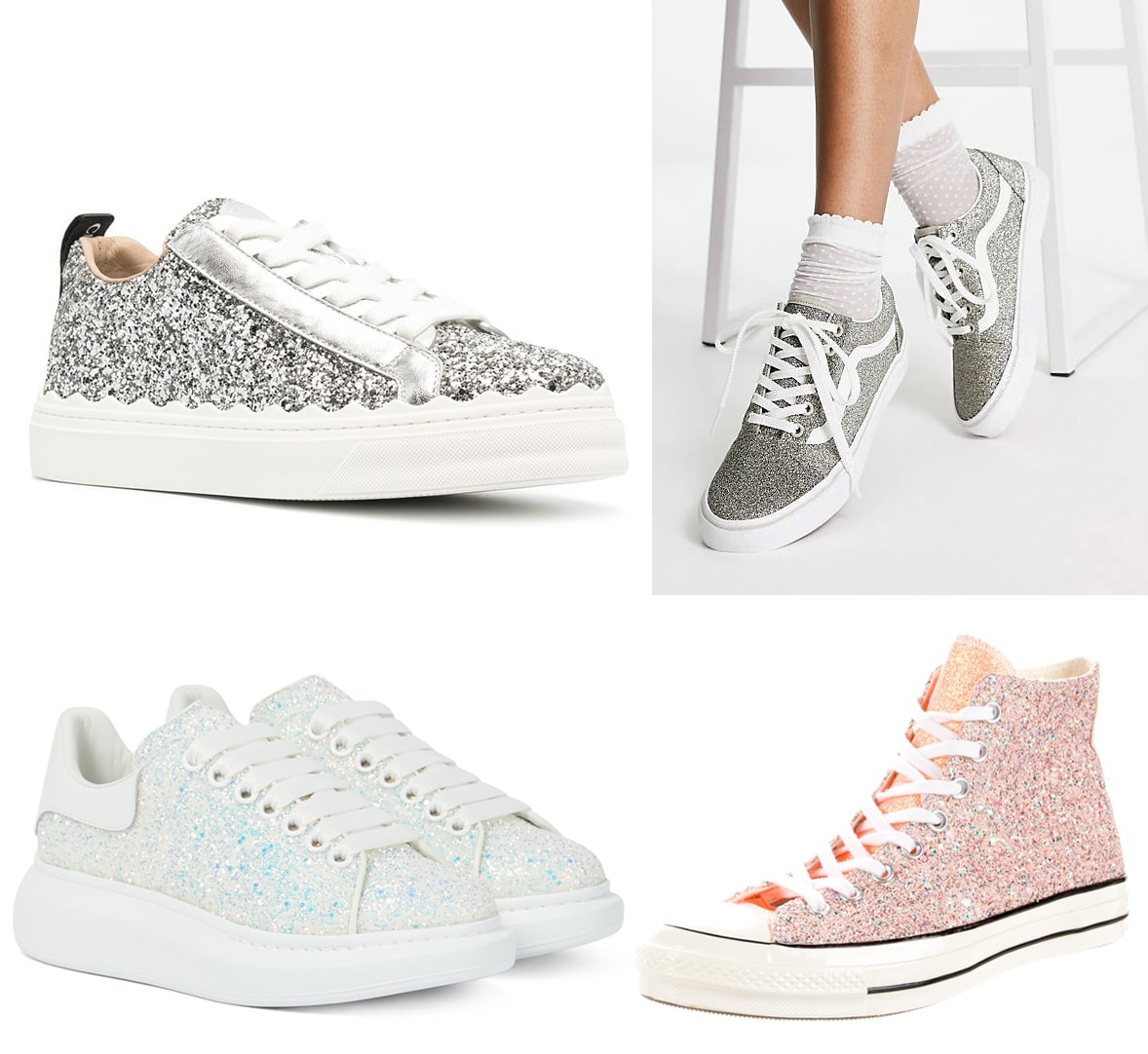 Chloe, Vans, Alexander McQueen, and Converse glitter sneakers add a fun, sparkling twist to casual footwear, perfect for effortlessly elevating everyday looks with a touch of glamour