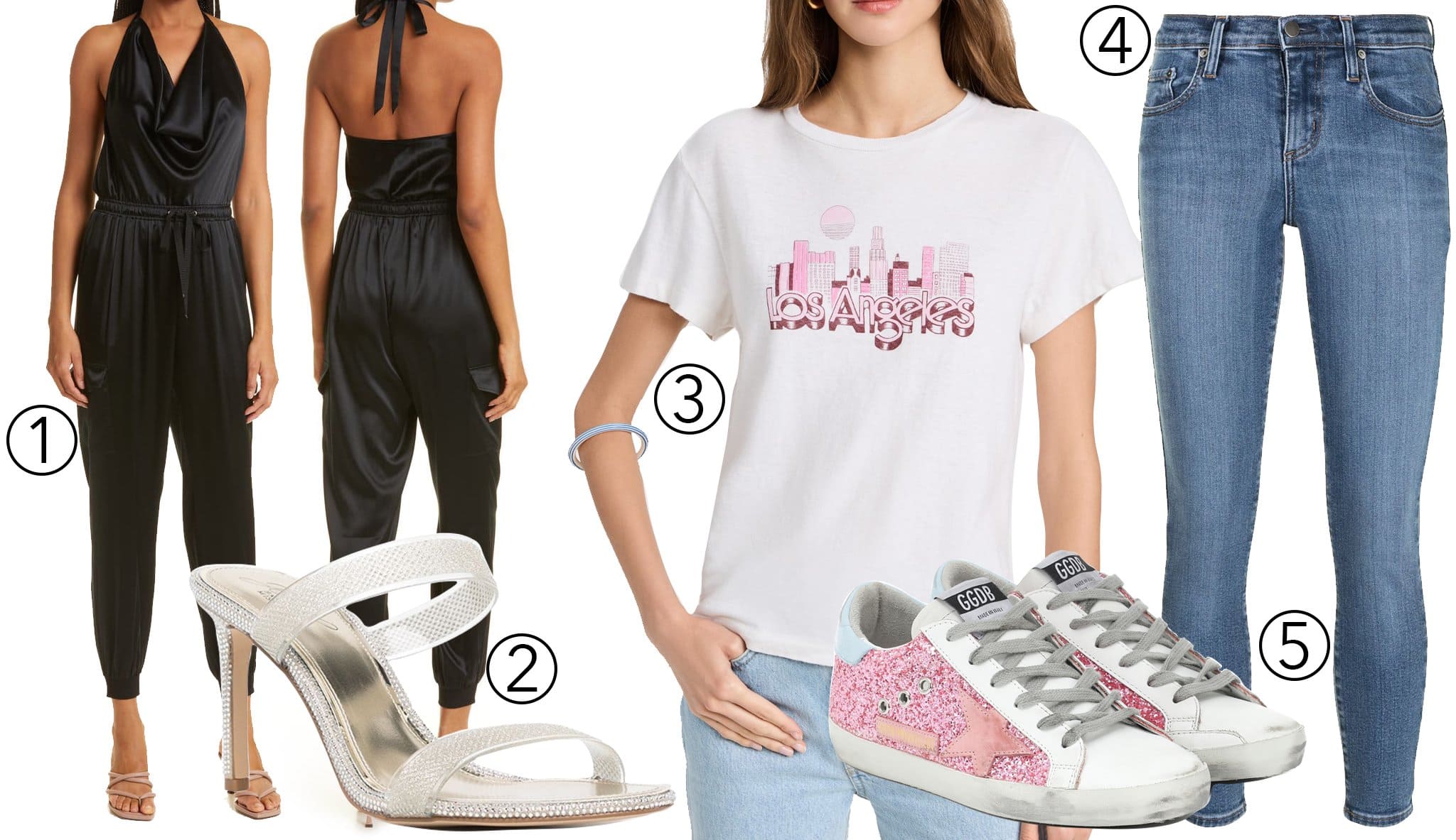 1. Cami NYC Jackie halter neck stretch silk jumpsuit, 2. Badgley Mischka Lovely stiletto mules, 3. Re/Done Los Angeles tee, 4. Nobody Denim Geo skinny ankle jeans, 5. Golden Goose Superstar leather sneakers — offering a mix of elevated and casual pieces for any occasion