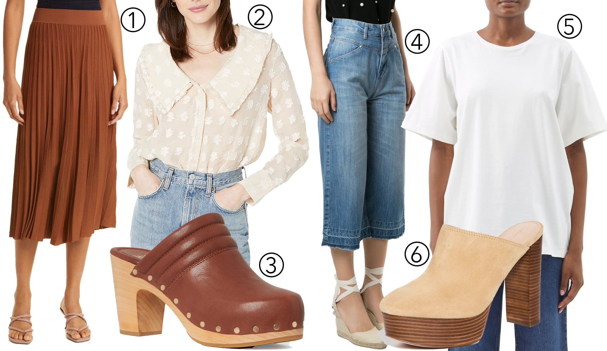 1. Rag Bone Esme Pleat Midi Skirt; 2. English Factory Sheer Shirt; 3. Paige Robbie Studded Clog; 4. Amapô Marion Denim Culottes; 5. Toteme Oversized Organic-Cotton Jersey T-Shirt; 6. Veronica Beard Maren Clog