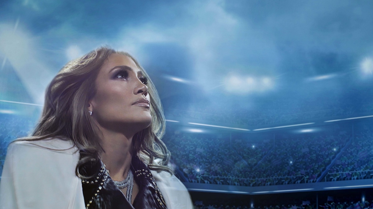 Jennifer Lopez appears in a reflective moment in the 2022 documentary Halftime, which explored the pressure, preparation, and legacy surrounding her Super Bowl halftime performance