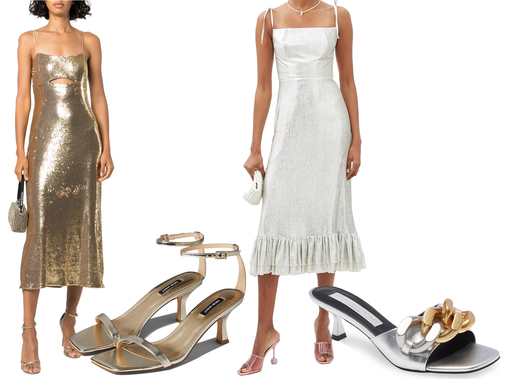Shine at any event with these stunning outfits and shoes: a gold Halston Heritage sequin-embellished midi dress paired with Nine West Ripe 3 gold sandals, and a silver The Vampire's Wife lamé dress matched with Stella McCartney Falabella metallic kitten heel sandals for a touch of modern elegance