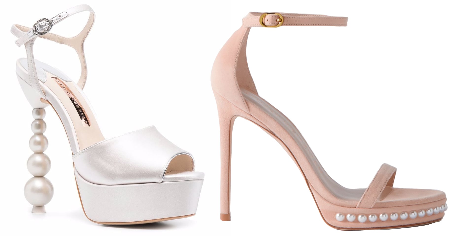 Sophia Webster's Natalia pearl heels and Stuart Weitzman's Nudist Disco pearl-embellished sandals bring a sophisticated touch of elegance, perfect for adding a chic, glamorous flair to any outfit