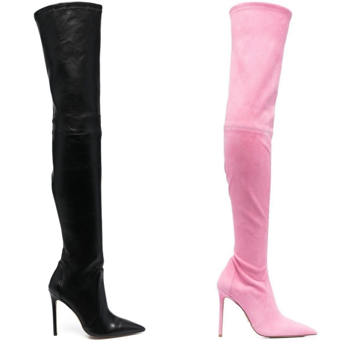 Stuart Weitzman Ultrastuart thigh-high boots in black leather and pink suede, featuring a sleek pull-on fit, pointed toes, and towering stiletto heels for a dramatic, leg-lengthening effect