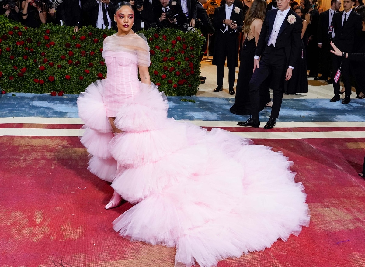 Tessa Thompson wearing a custom Carolina Herrera gown and Piferi boots at the 2022 Met Gala